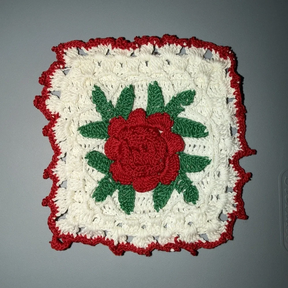 Vintage Crochet Potholders Flower Rose Red Blue Grandmacore Cottagecore
